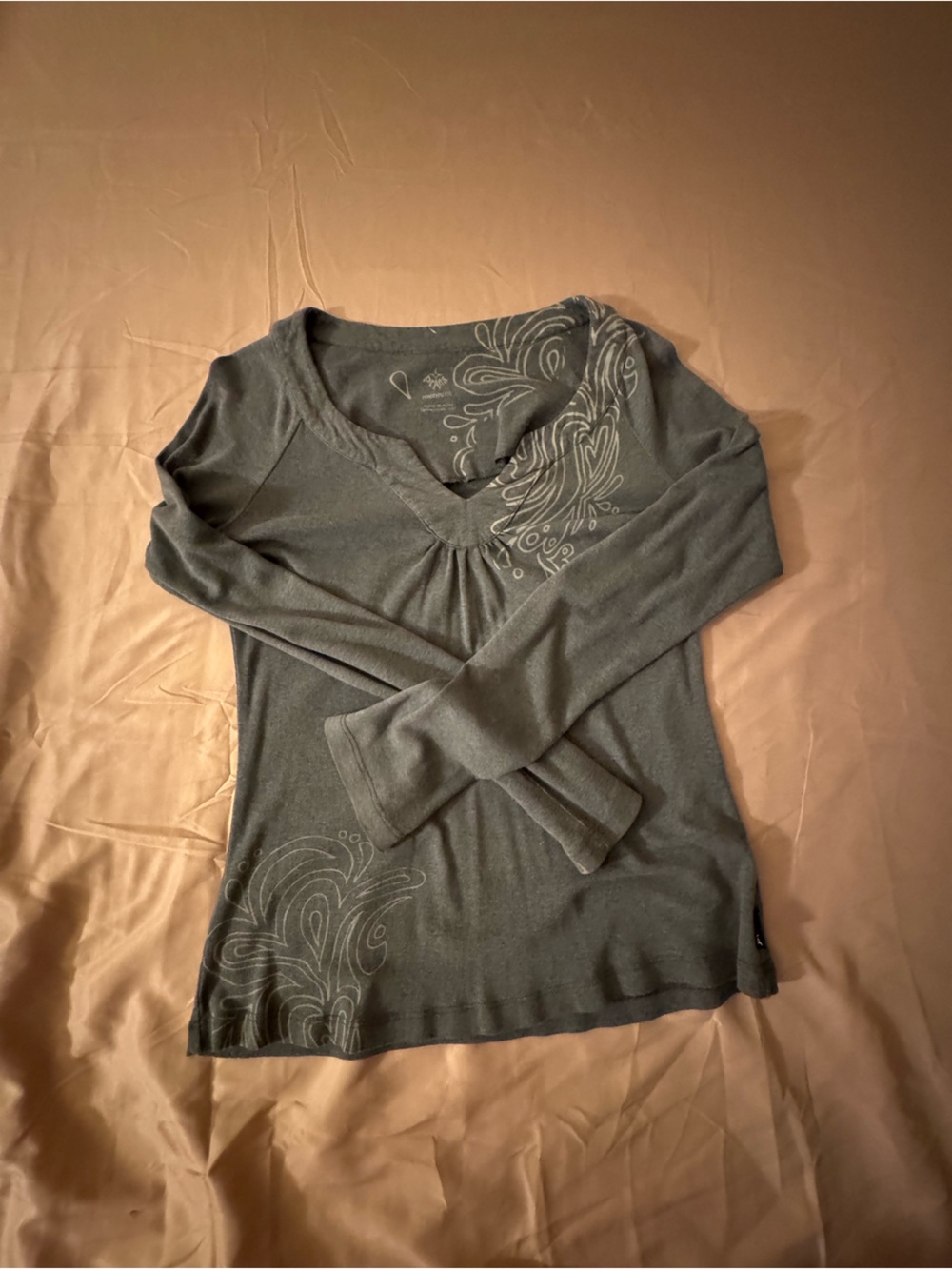 Prana Charcoal Gray Long Sleeve V-Neck Top with Subtle Print